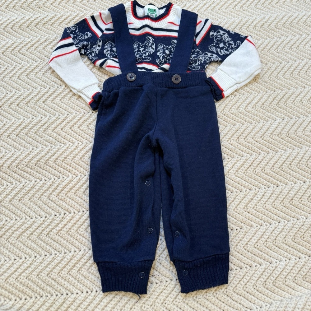 Bull Frog Knits Outfit Toddler Boy 18 Mos Navy Blue Sweater & Pants USA Made VTG